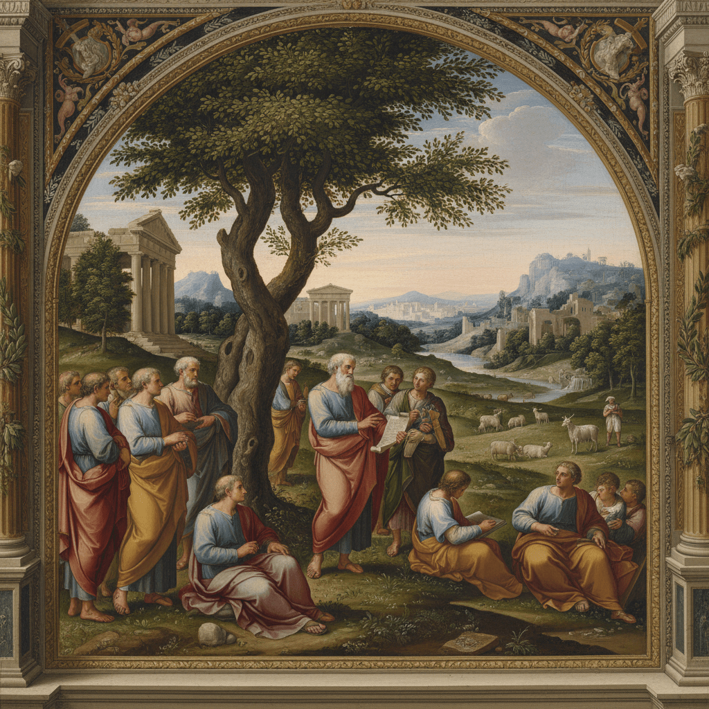 Men in classical robes gather under a tree to listen to a scholar holding a scroll.