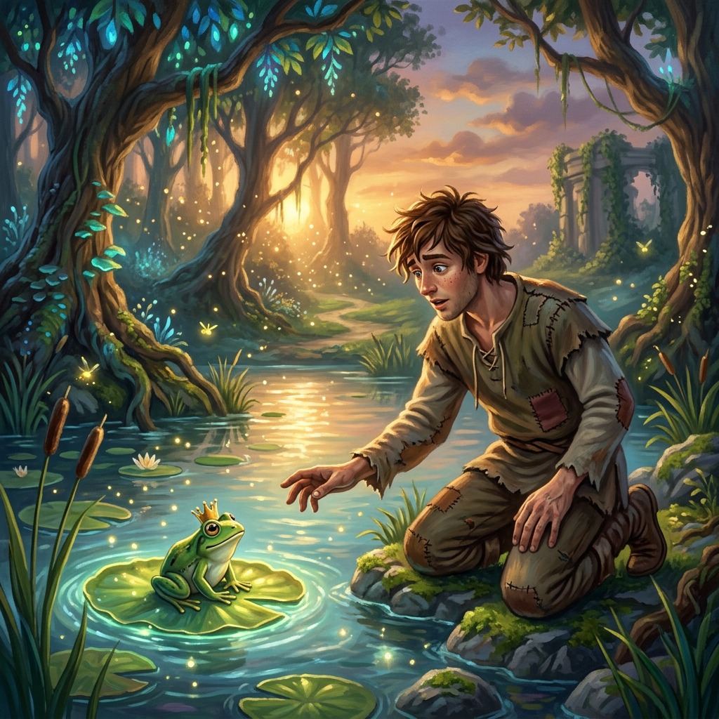 Young man in patched clothes kneeling by pond reaching toward a crowned frog on lily pad