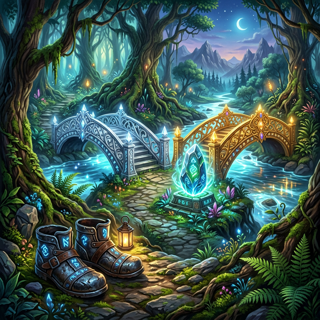 Two ornate glowing bridges over a river with a large glowing crystal and ancient boots on a forest path
